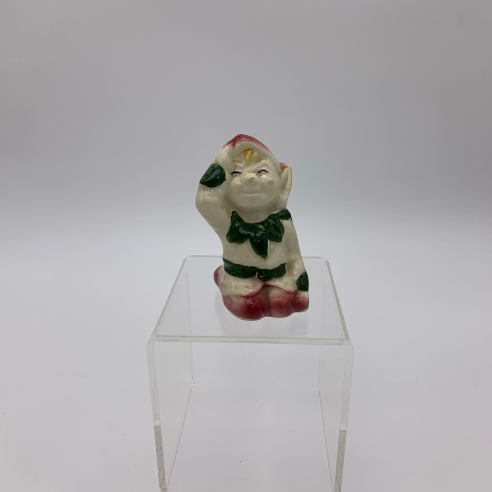 Mid Century Small Ceramic Shelf Table Sitting Pixie Elf Figurine HandPainted 4”